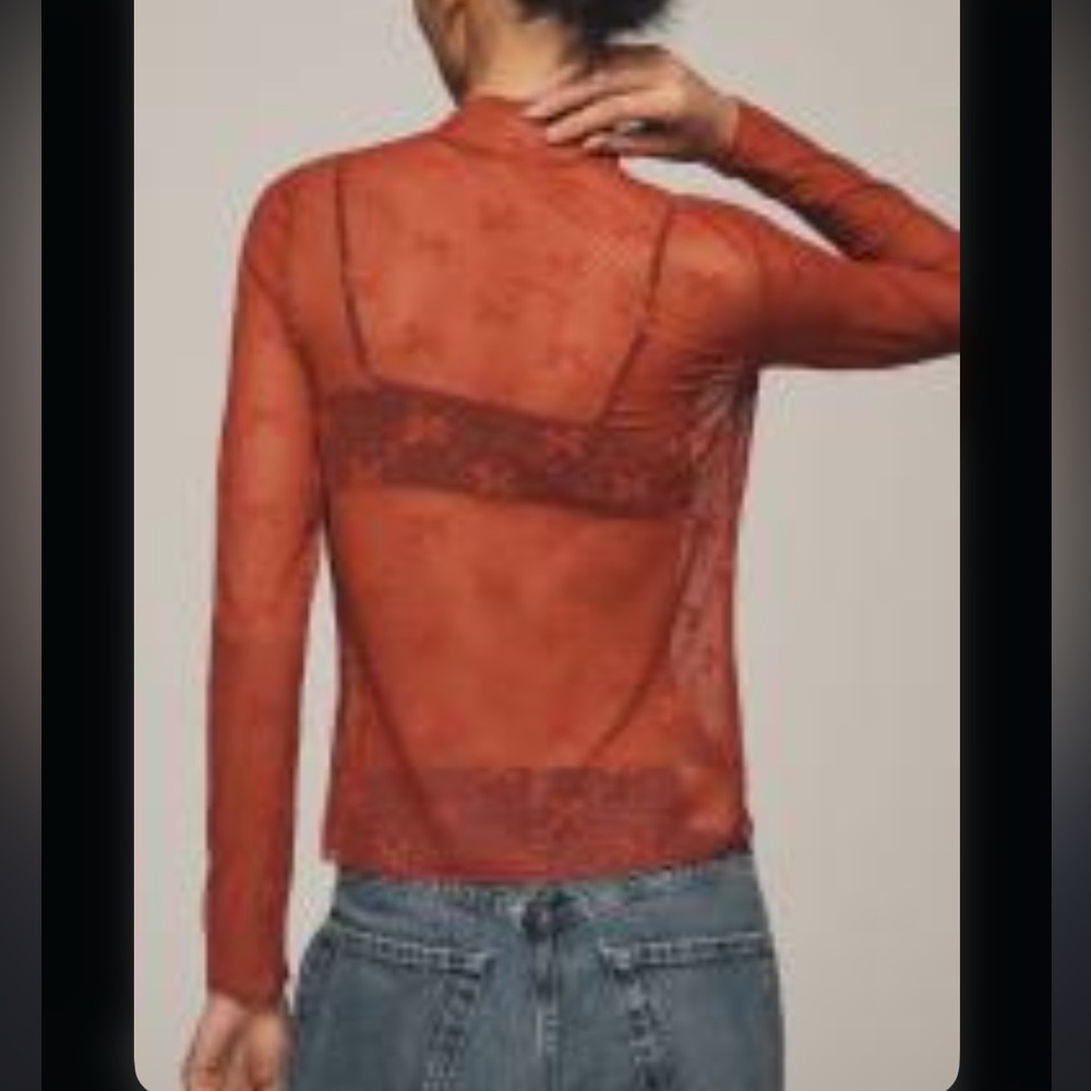 Anthropologie Maeve Bow Sheer Lace Turtleneck Top Red - Picture 5 of 10